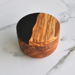 Olive Wood and Black Sparkle Resin Salt Cellar